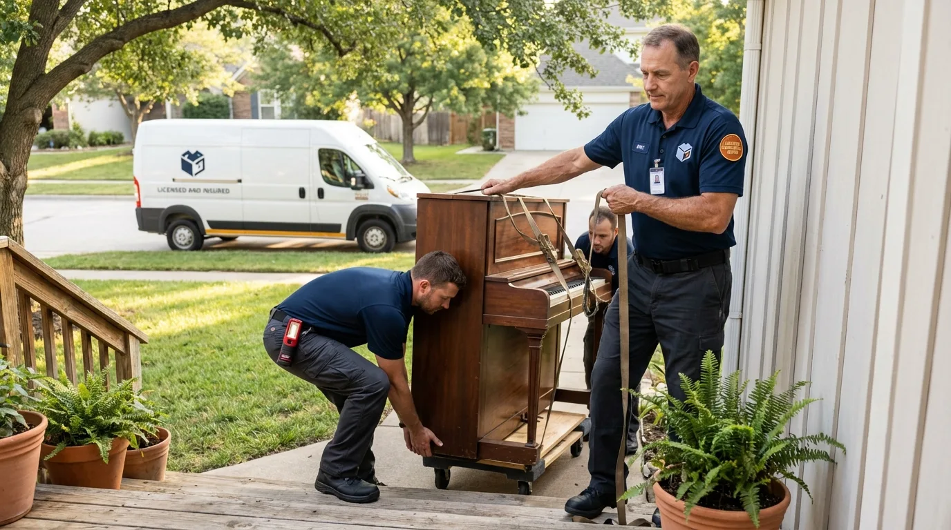 Licensed piano movers securing grand piano in Salina, OK