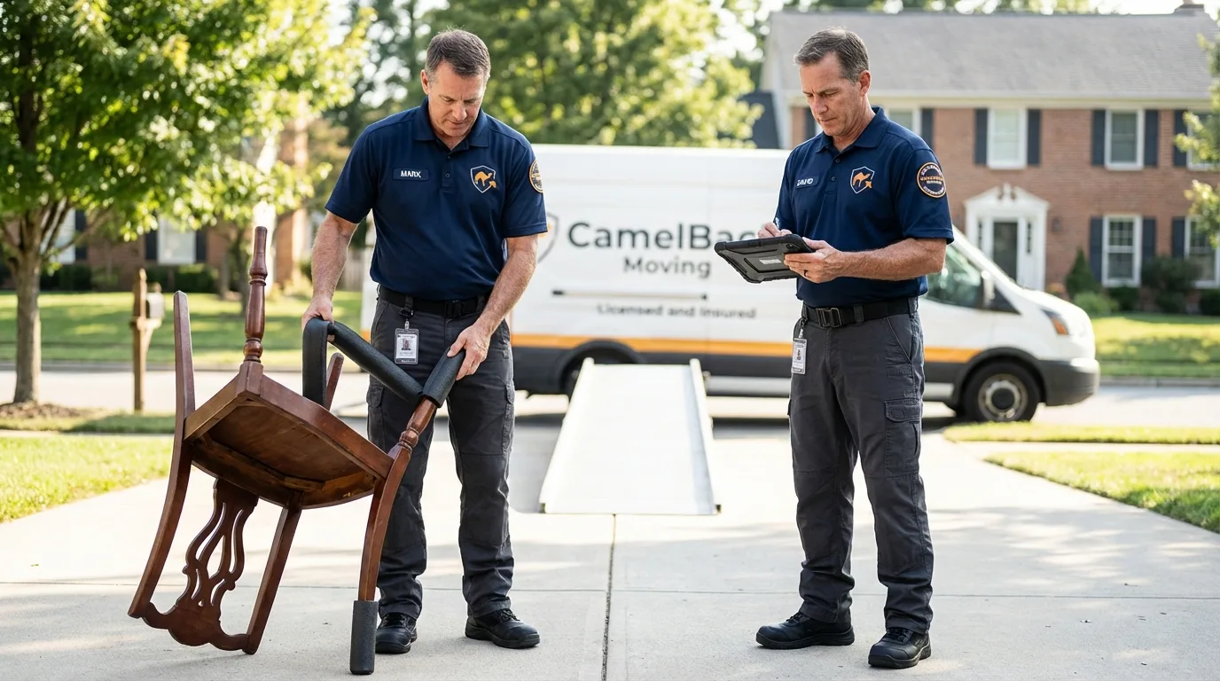 Movers inspecting furniture for damage prevention before loading in Salina, OK